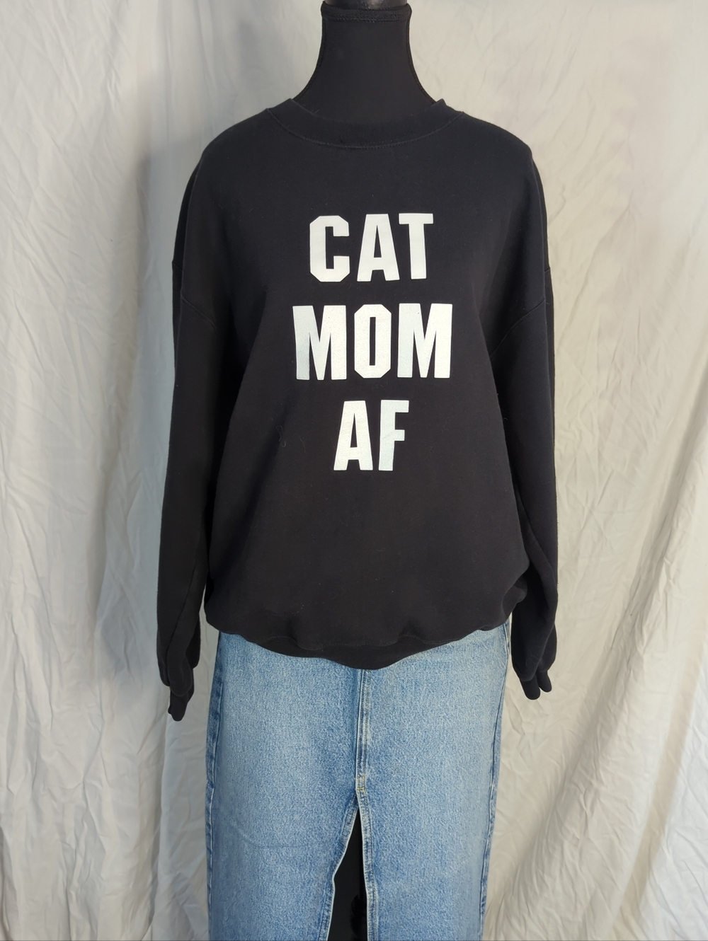 Cat Mom AF Oversized Sweatshirt Sz L Black Cotton Catlady Funny - Picture 4 of 8